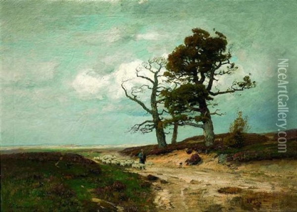 Schafhirte Mit Seiner Herde In Weiter Landschaft Oil Painting - Wilhelm Schroeter