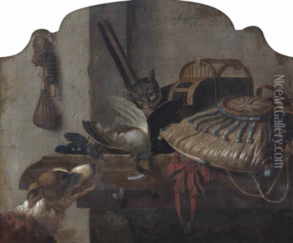 A 'desus-de-porte' Of A Hunting Still Life With A Dog, A Cat, A Partridge And A Kingfisher, All On A Wooden Table Oil Painting - Antonius Leemans