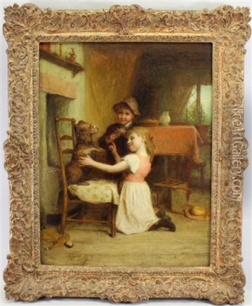 Painting Of Two Young Children Playing With A Dog Oil Painting - Alexander Hohenlohe Burr