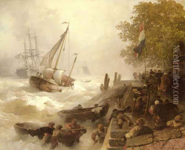 Hafeneinfahrt Bei Rauher See (Return To Harbour In Rough Seas) Oil Painting - Andreas Achenbach