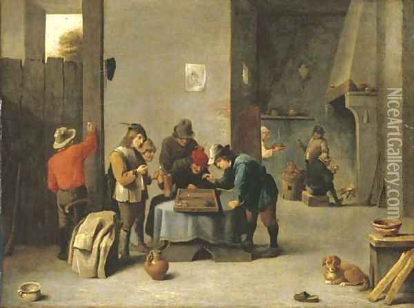 Peasants playing backgammon in an interior Oil Painting - David The Younger Teniers