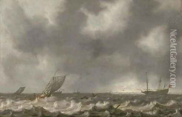 Dutch men-o'-war and other shipping in choppy seas, with a view of the coast beyond Oil Painting - Willem van Diest