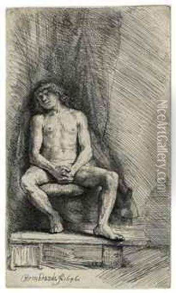 Nude Man Seated Before A Curtain Oil Painting - Rembrandt Van Rijn