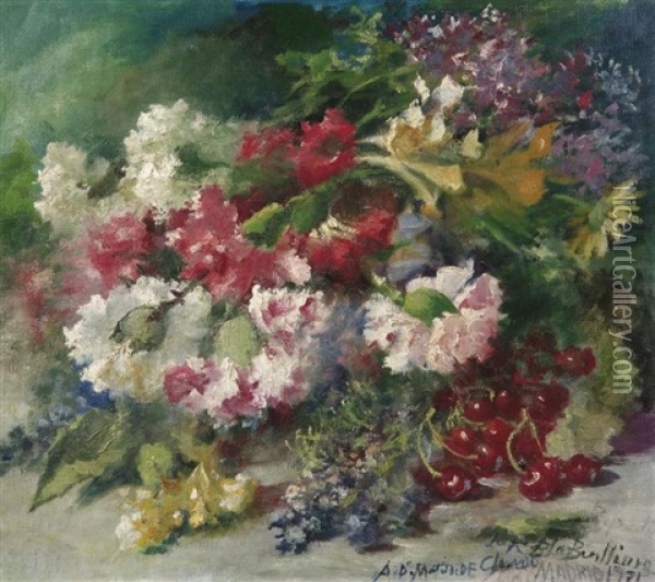 Blumenstilleben Mit Nelken Und Kirschen Oil Painting - Blas Benlliure Gil