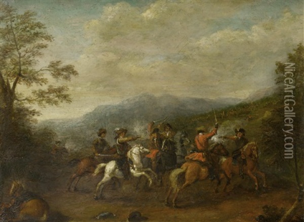 A Cavalry Skirmish With A Mountainous Landscape Beyond Oil Painting - Karel Breydel