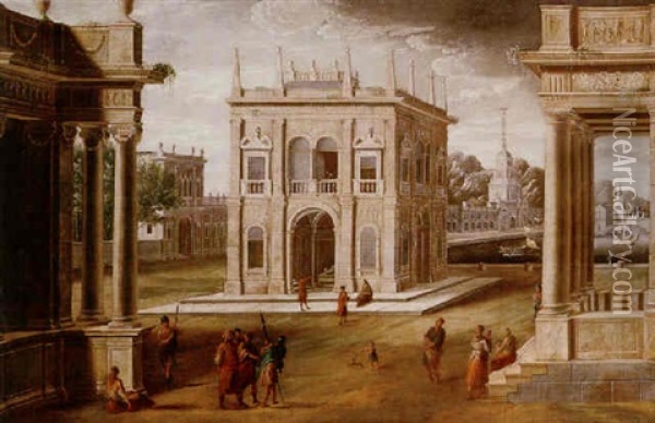 An Architectural Capriccio With Figures Among Classical Buildings, A Quay Beyond Oil Painting - Francisco Gutierrez