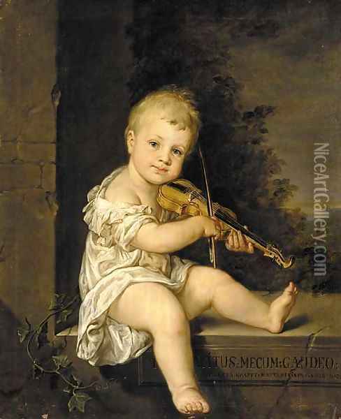 Portrait of the artist's son playing the violin, seated on a stone ledge in a landscape Oil Painting - Barbara Krafft