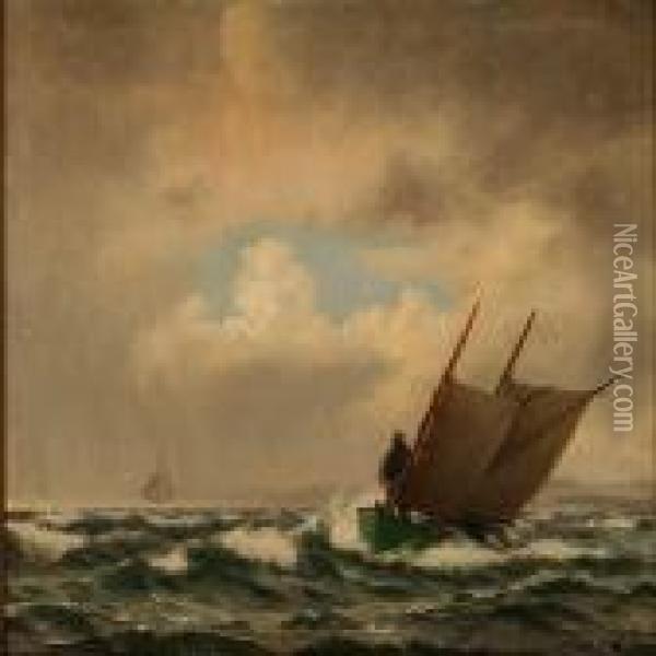 Fishermen Off The Coast Of Lohals, Denmark Oil Painting - J.E. Carl Rasmussen