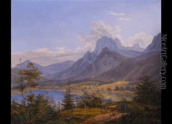Alpensee Vor Weitem Gebirgspanorama Am Fruhlingstag Oil Painting - Johann Nepomuk Ott