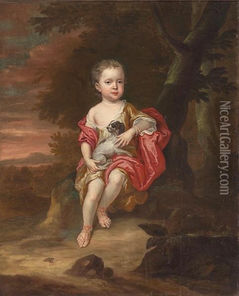 A Portrait Of A Young Boy, Full-length, Holding His Dog In An Extensive Landscape Oil Painting - Sir Peter Lely