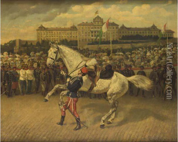 A Military Parade In North Italy With A Hussar Leading A Grey Horse Oil Painting - Wilhelm Emele