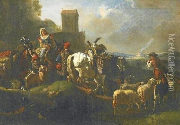 Italian Farmers On Their Way To The Market Through A Scopiouscampagnian Landscape Oil Painting - Pieter van Bloemen