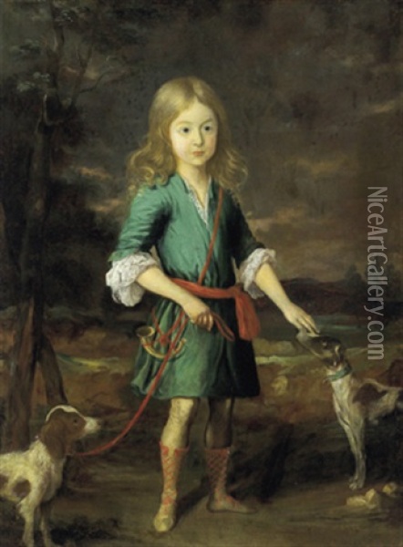 Bildnis Eines Knaben Mit Jagdhorn Und Zwei Hunden In Einer Landschaft Oil Painting - Nicolaes Maes
