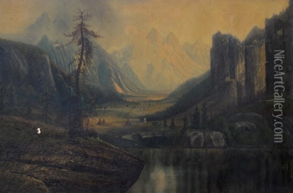 Western Landscape With Indian Settlement Oil Painting - Henry Arthur Elkins