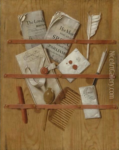 Trompe L'Oeil Still Life Of A Letter Rack Holding Newspapers, Letters, A Comb, A Knife, A Quill, Wax And A Seal Oil Painting - Edwart Collier