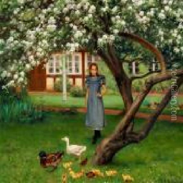 A Young Girlstanding Under An Apple Tree In Bloom Oil Painting - Hans Anderson Brendekilde