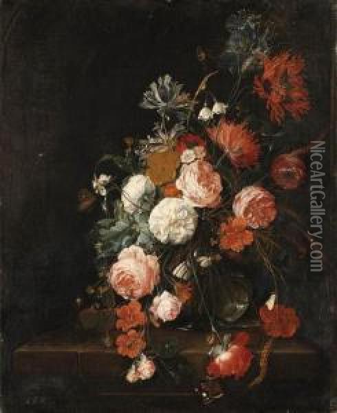 Roses, Poppies, Ears Of Corn And
 Other Flowers In A Glass Vase,with Snails, A Moth, A Spider And A 
Butterfly On A Stoneledge Oil Painting - David Cornelisz. de Heem