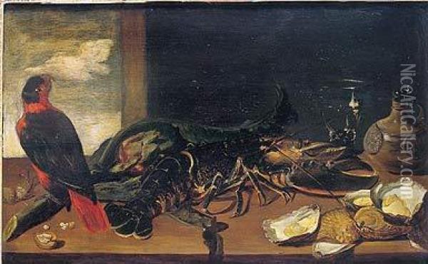 Bodegon: Loro, Alcachofa, Una Langosta Y Ostras Con Un Roemer Y
 Una Garrafa Encima De Una Mesa Oil Painting - Frans Snyders