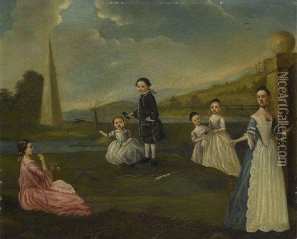 A Lady And Her Five Children In A Landscape Oil Painting - Arthur Devis