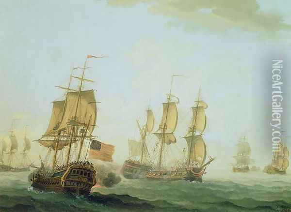 Naval Engagement between a British East Indiaman and a French Warship, 1781 Oil Painting - Joseph Roux