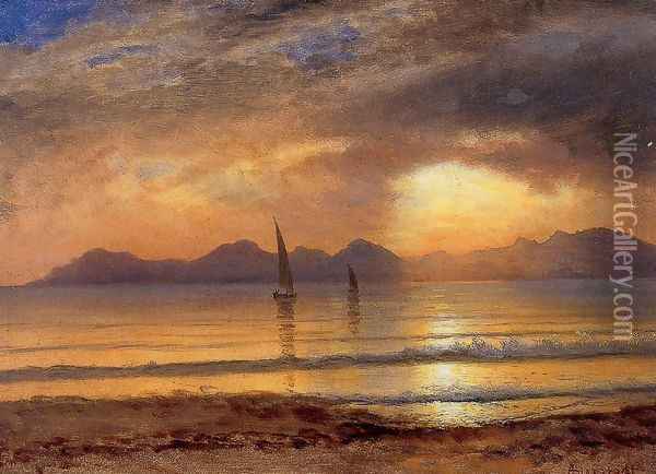Sunset Over A Mountain Lake2 Oil Painting - Albert Bierstadt