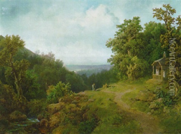 Waldlandschaft Mit Einem Bachlauf Links, Einem Wanderer Und Einer Waldkapelle Rechts Oil Painting - Oswald Achenbach