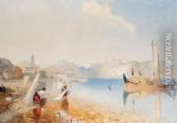 Fishing On An Italian Lake Oil Painting - James Baker Pyne