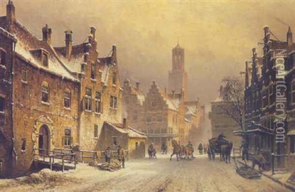 A Wintry Townscene, Utrecht Oil Painting - Eduard Alexander Hilverdink