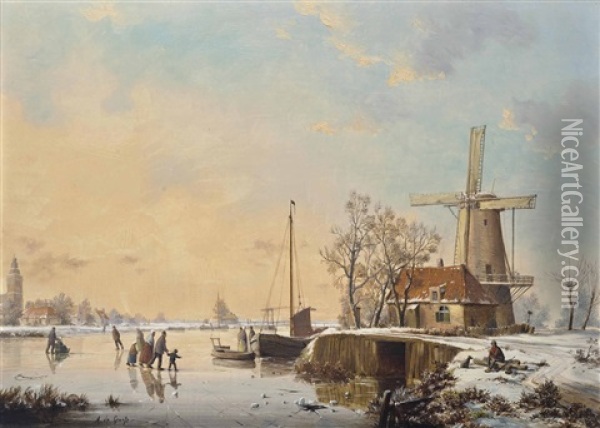 A Winter Landscape With Figures Ice Skating By A Bridge And Windmill (+ A Winter Landscape With Figures Ice Skating And A Horse And Cart; 2 Works) Oil Painting - A. de Groote