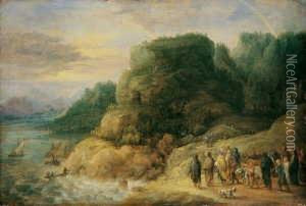 Weite Flusslandschaft Mit (vermutlich Biblischer) Figurenstaffage. Oil Painting - Lucas Van Uden
