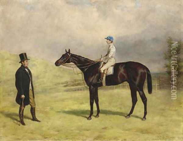 Bacchus, with jockey up, and his trainer Captain James Machell Oil Painting - Harry Hall
