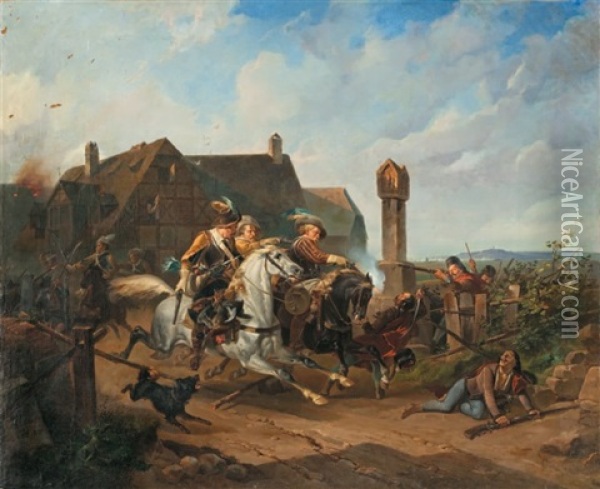 Traversee D'un Village Par Une Horde De Cavalier Oil Painting - Georg (Christian Joh. G.) Perlberg