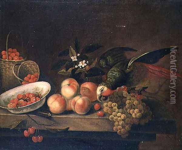 A still life of strawberries, raspberries and peaches with a parrot eating cherries Oil Painting - William Sartorius