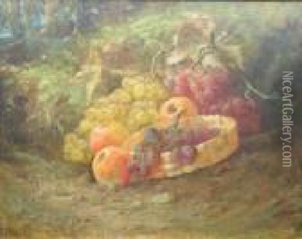 A Still Life With Grapes, Apples And Wicker Basket Oil Painting - Charles Thomas Bale