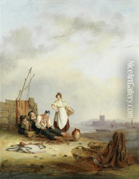 Fisherfolk On The Foreshore At Carrick Fergus, Northern Ireland Oil Painting - Nicholas Condy