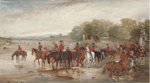 Officers Watering Their Horses At A River (+ A Saddled Hunter By A Country House; 2 Works) Oil Painting - John Ferneley Jr.