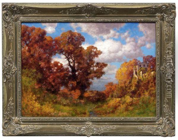 Herbstliche Berglandschaft Mit Villa Oil Painting - Hermann Traugott Rudisuhli