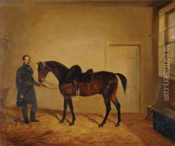 Lieutenant West, First Regiment Life Guards, And His Horse, In Aloose Box Oil Painting - Edward Walter Webb