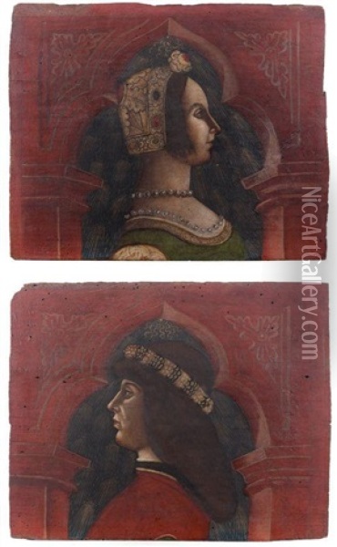 Jeune Femme De Profil Dans Une Arcature Et Jeune Homme De Profil Dans Une Arcature (pair) Oil Painting - Bonifacio Bembo