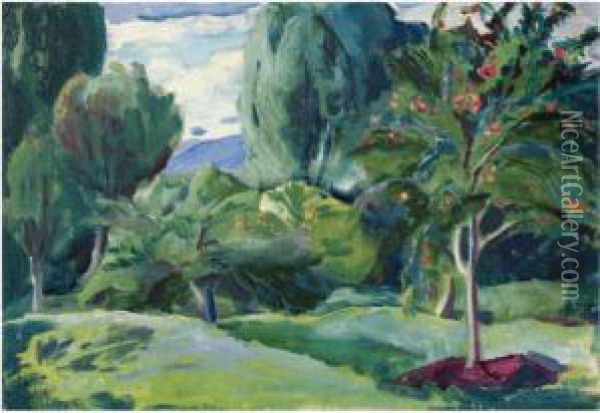 Landscape With Apple Tree Oil Painting - Aleksey Ilyich Kravchenko