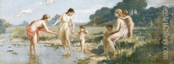 Arkadische Szene Mit Frauen Und Kindern An Einem Bach Oil Painting - Leon Gaud