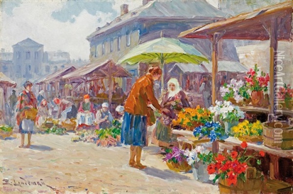 At The Market Oil Painting - Emil Lindemann