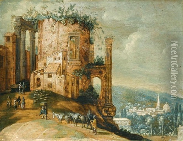 An Italianate Landscape With A Capriccio Of The Temple Of Vesta, Tivoli Oil Painting - Willem van Nieulandt the Elder