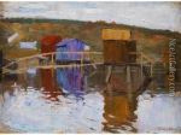 Badehutten Und Baracken Am Flussufer Oil Painting - Arnold Borisovic Lakowskij