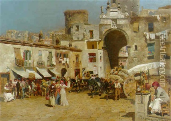 A Busy Town Scene Oil Painting - Paul Wilhelm Keller-Reutlingen