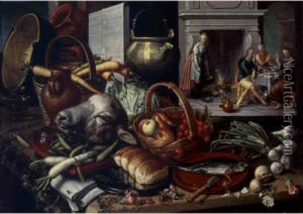 Kitchen Still Life With A Scene Of The Supper At Emmaus Beyond Oil Painting - Pieter Aertsen
