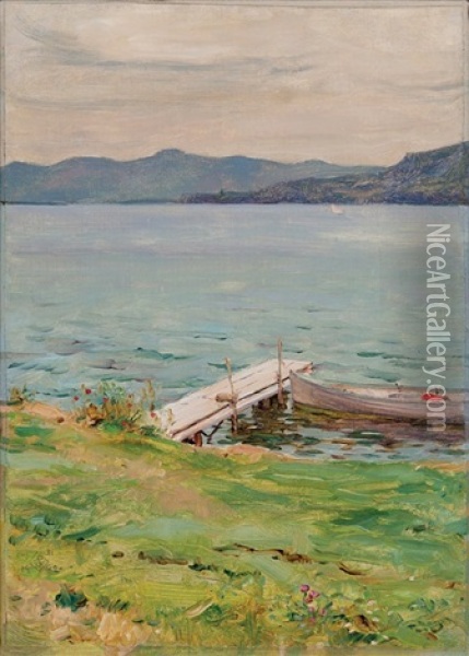 View Of The Lake With Dock And Row Boat Oil Painting - Walter Launt Palmer