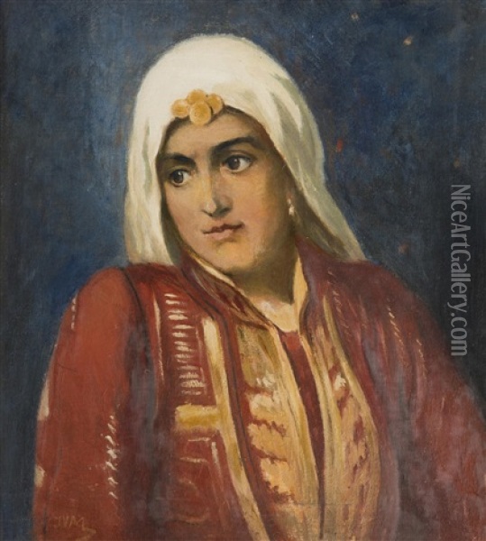 A Girl In Folk Costume Oil Painting - Jan Vaclav Mrkvicka