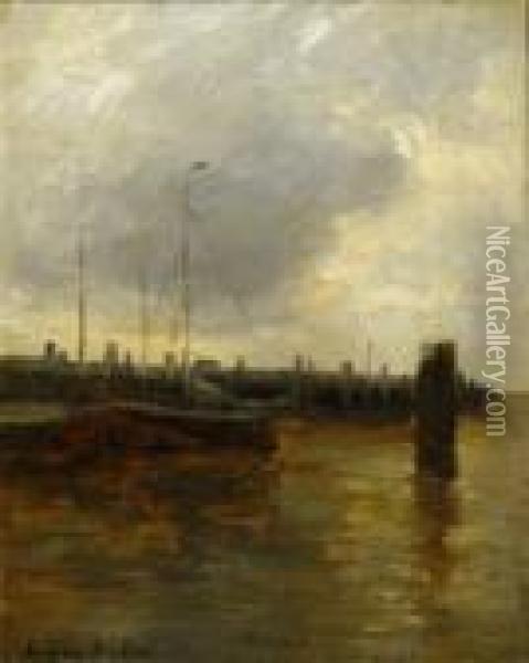 Fishing Cutter By The Mole. Signed Lower Left: German Grobe Oil Painting - German Grobe