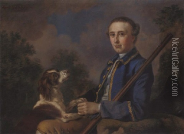 Portrait Of Sir Henry Paulet St. John, Bt., Seated In A Landscape With His Gun And Spaniel Oil Painting - Francis Hayman